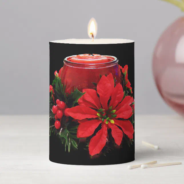 Festive Red Christmas Candle, Holly and Poinsettia Pillar Candle
