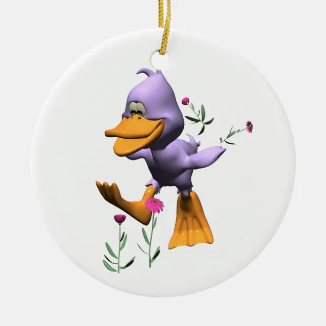 Cute Happy Cartoon Duck Running Through Flowers Ceramic Ornament