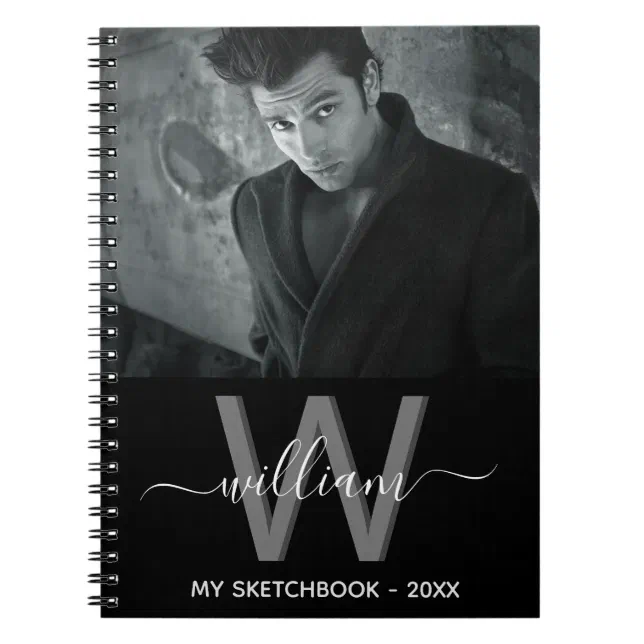 Sketchbook custom photo black white monogram notebook