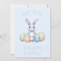 Cute Bunny With Easter Eggs Kindergarten Kids Blue Holiday Card