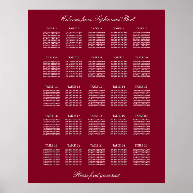 Burgundy 25 Table Wedding Seating Chart Poster