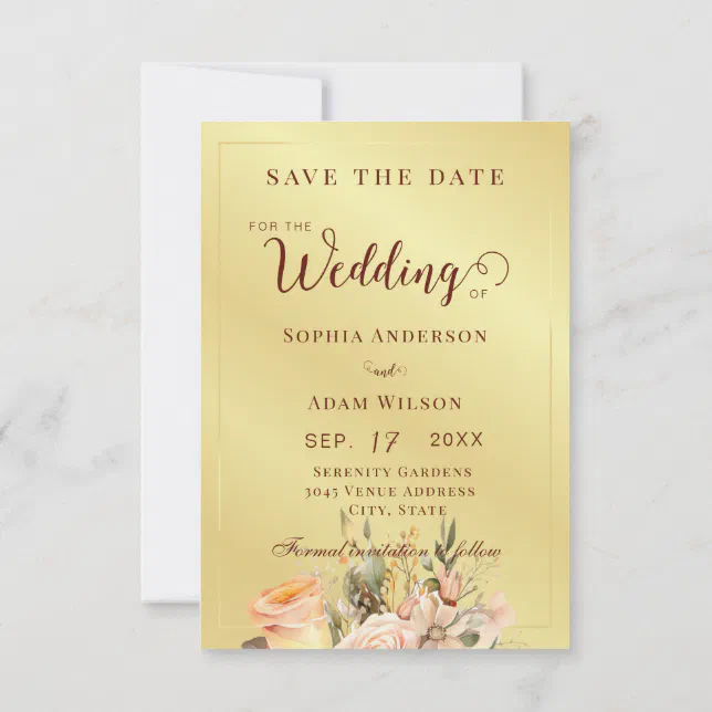 Rustic Peach and Gold Floral Wedding Save The Date