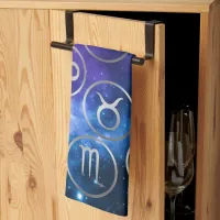 Twelve Grey Zodiac Symbols on blue galaxy | Kitchen Towel