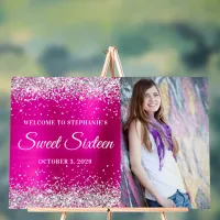 Silver Glitter Hot Pink Foil Sweet Sixteen Welcome Acrylic Sign