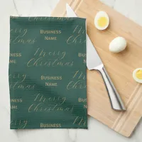 Merry Christmas Business Name Green Employee Kitchen Towel