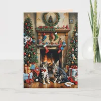 Festive decorated room, fireplace, cats, vintage  card