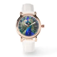 Gorgeous peacock with teal and gold plumage watch