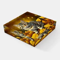 AI Gray Tabby Cat Playing in Autumn Leaves Paperweight