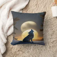 Majestic Wolf Howling Under Twin Moons at Dusk Throw Pillow