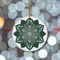 Green Snowflake on white Ceramic Ornament