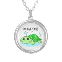 Personalized Cute Turtle Cartoon Name  Silver Plated Necklace