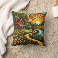 Cozy cabin in a serene sunrise landscape throw pillow