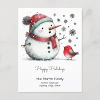 Cute Snowman and Red Bird Happy Holidays Postcard