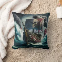 Pirate Ship Navigating Stormy Seas at Dusk Throw Pillow