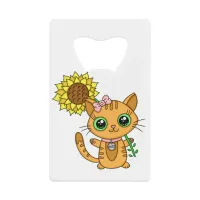 Cute Orange Kawaii Cat with Sunflower Credit Card Bottle Opener