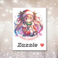 Anime Girl in Santa Hat Watercolor Christmas Sticker