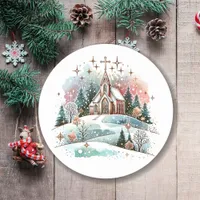 Watercolor Church on a Winter Day Christmas Classic Round Sticker