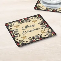 Retro Holly Berries and Evergreen Square Paper Coaster