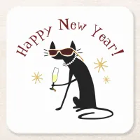 Happy New Year Cat with Champagne Square Paper Coaster