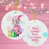 Old-Fashioned Christmas Elf Girl in Pink  Ceramic Ornament