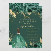 Emerald Green Gold Floral Princess Quincea&#241;era  In Invitation