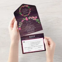 Rustic Dusty Purple Wood Barn Pink Floral Wed RSVP All In One Invitation