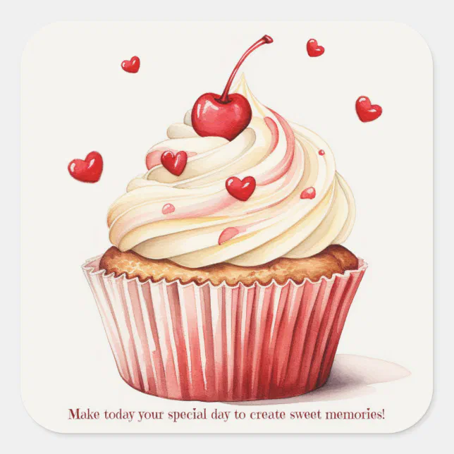 Sweet Cupcake Red Hearts Valentine's Day Card Square Sticker