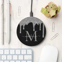 Chic Black Silver Glitter Drips Sparkle Monogram Wireless Charger