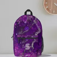 Modern Purple Black Marbled Pattern Monogram Name Printed Backpack
