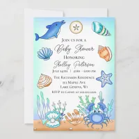 Cute Blue Seaside Beachy Baby Shower Invitation