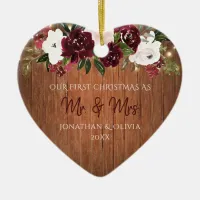 Rustic Wood Burgundy Floral Newlywed Photo Ceramic Ornament