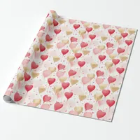 Valentine's Pink Red and Gold Heart Balloons  Wrapping Paper