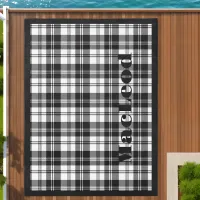 Simple Tartan Black and White Monogram Name | Outdoor Rug