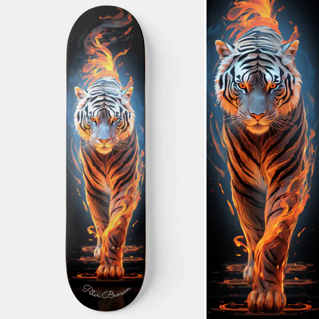 Fiery Tiger White & Blue Glowing Cool Style Skateboard