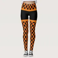 Retro Orange and Black Halloween Check  Leggings