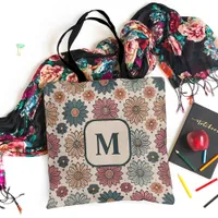 Vintage Floral Pattern Monogram Tote Bag