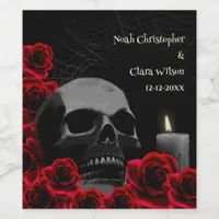 Gothic Scary Skull Red Roses Halloween Wedding Wine Label