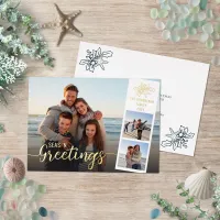 Beach Christmas Script 3 Photo Collage Gold Foil Holiday Card