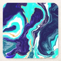 Blue Teal Ocean Swirls Marble Fluid Art    Square Paper Coaster