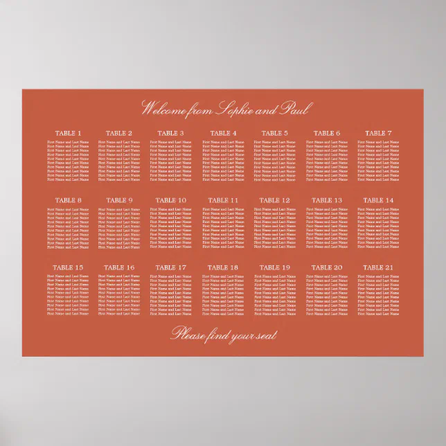 Terracotta 21 Table Wedding Seating Chart Poster