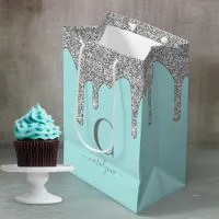 Teal Aqua Silver Sparkle Glitter Drips Monogram Medium Gift Bag