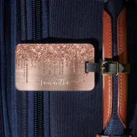 Sparkly Rose Gold Glitter Drips Girly Signature Luggage Tag