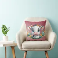 Cute little girl cow in flowers  throw pillow