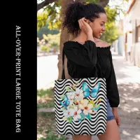 Flowers & Butterfly Black & White Wavy Stripes Tote Bag