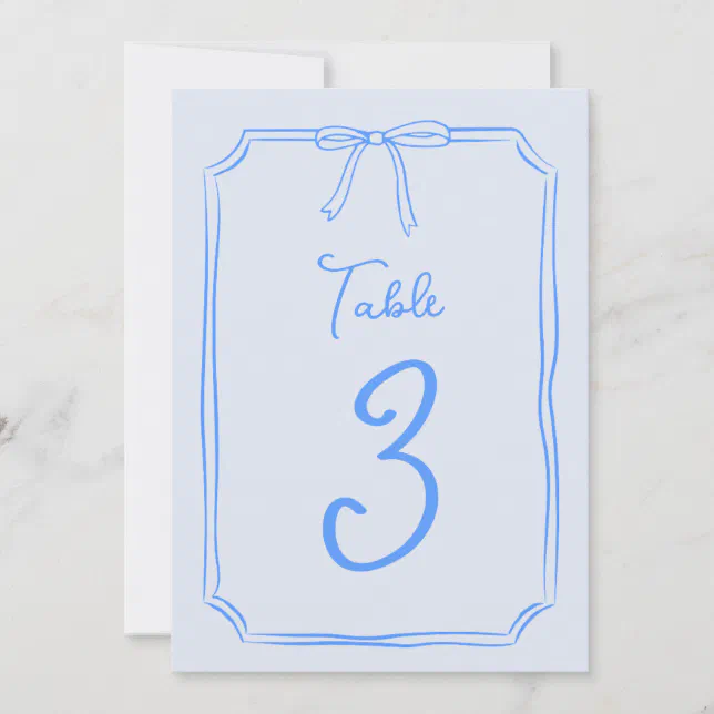 Hand Drawn Bow Cute Coquette Blue Table Number