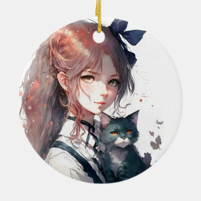 Anime Girl Holding Her Cat Watercolor Portrait Ceramic Ornament