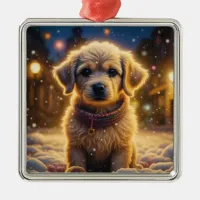 Cute Christmas Puppy on a Snowy Night Metal Ornament