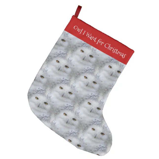 Funny Owl I Want for Christmas Snowy Owls Large Christmas Stocking