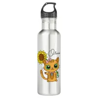 Personalized Cute Kawaii Cat Holding Flower   Stainless Steel Water Bottle