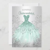 Silver Aqua Sparkle Dress Quincea&#241;era Quince Invitation